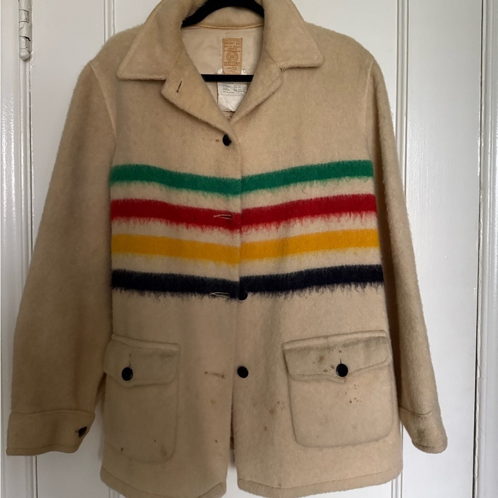 VTG Hudson Bay Cream Wool Pea Coat with Multicolor Stripes - Picture 3 of 8